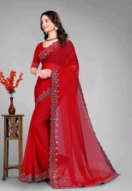 Graceful red Saree with Subtle Hotfix Beads