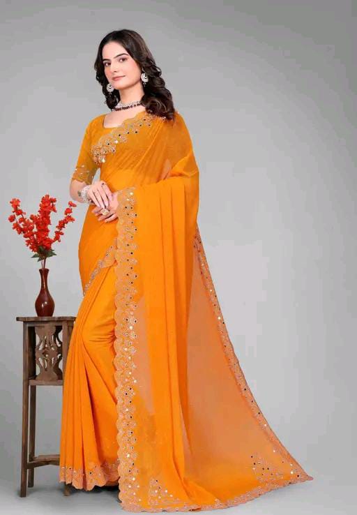 Graceful red Saree with Subtle Hotfix Beads