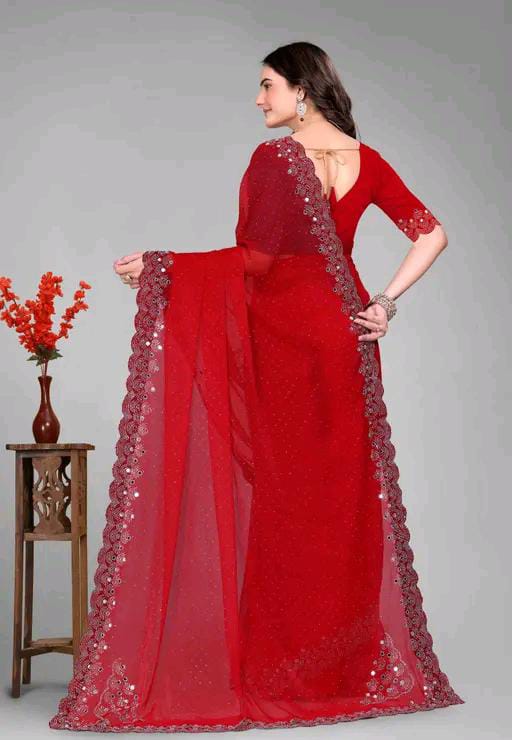 Graceful red Saree with Subtle Hotfix Beads