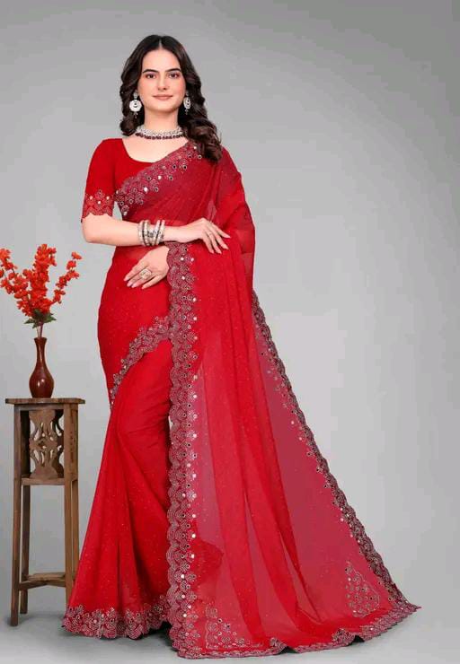 Graceful red Saree with Subtle Hotfix Beads