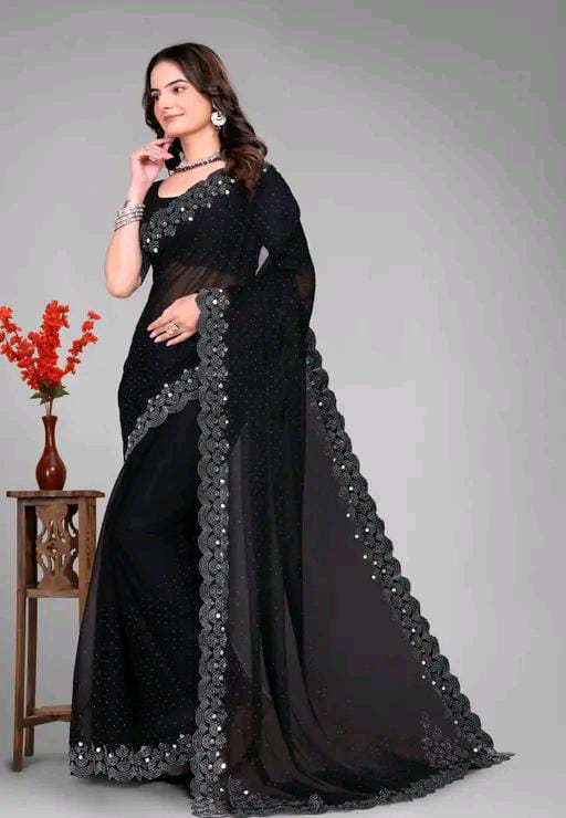 Graceful red Saree with Subtle Hotfix Beads