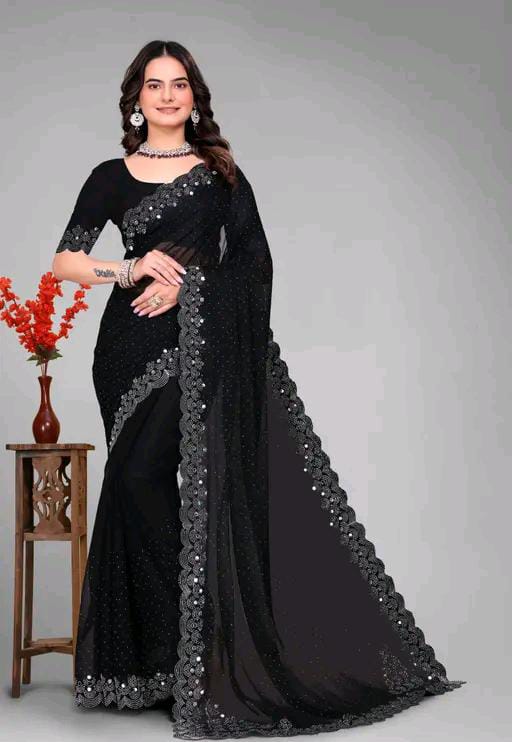 Graceful red Saree with Subtle Hotfix Beads