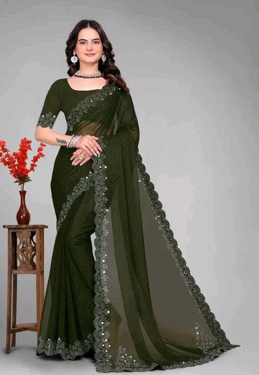 Graceful red Saree with Subtle Hotfix Beads