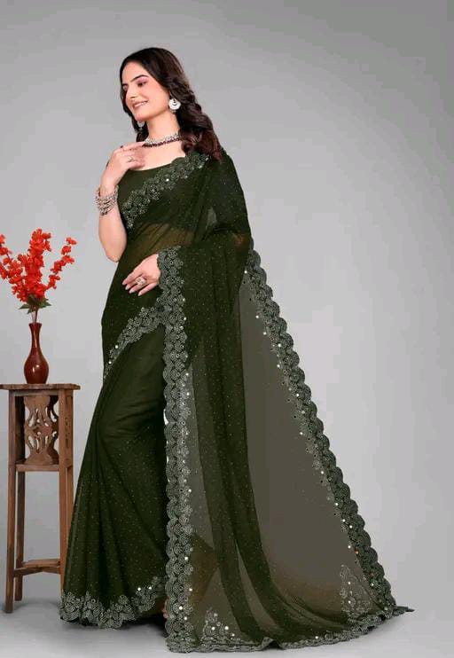 Graceful red Saree with Subtle Hotfix Beads