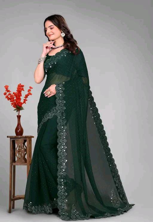 Graceful red Saree with Subtle Hotfix Beads