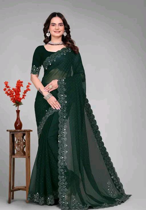 Graceful red Saree with Subtle Hotfix Beads
