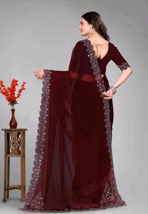 Graceful red Saree with Subtle Hotfix Beads