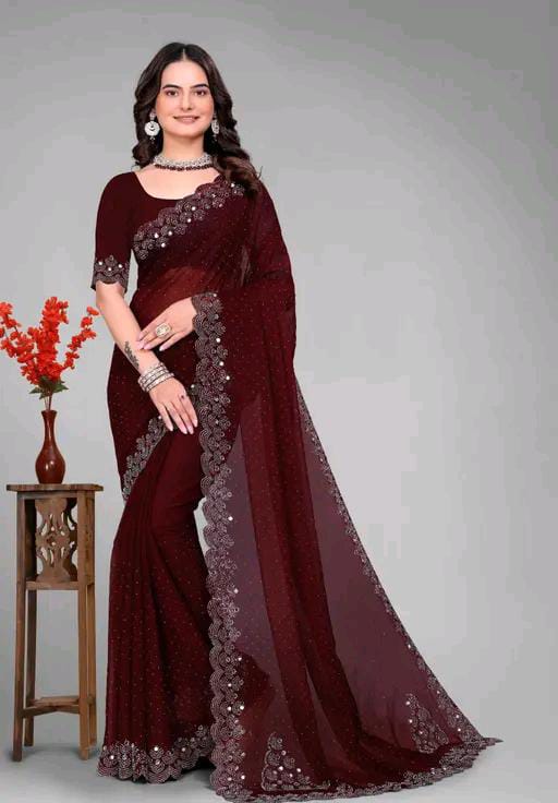 Graceful red Saree with Subtle Hotfix Beads