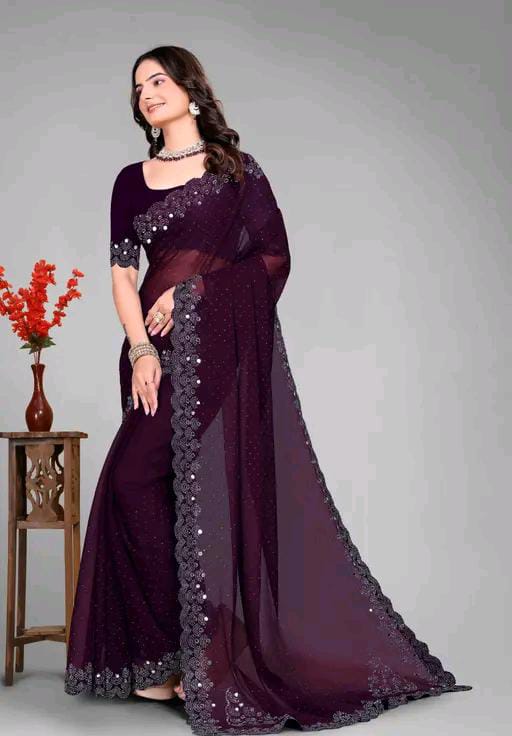 Graceful red Saree with Subtle Hotfix Beads