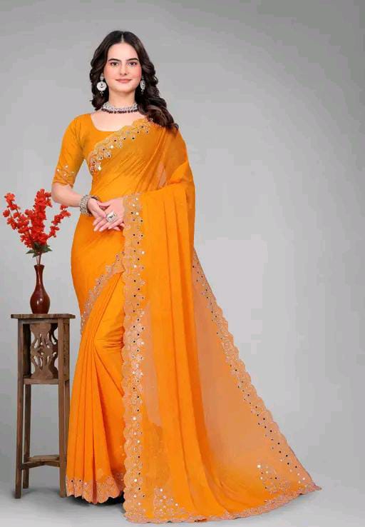 Graceful red Saree with Subtle Hotfix Beads