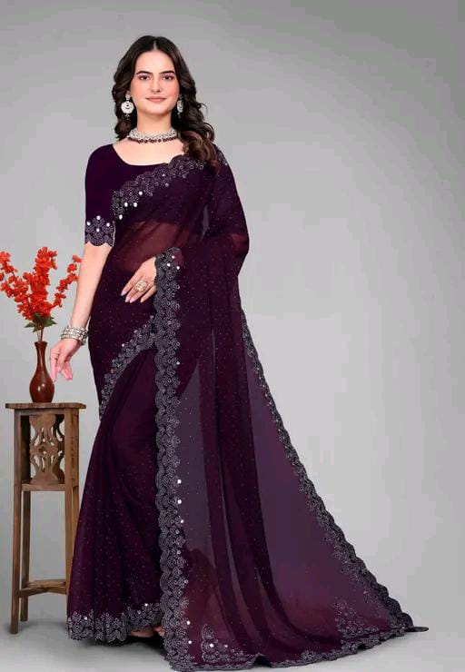 Graceful red Saree with Subtle Hotfix Beads